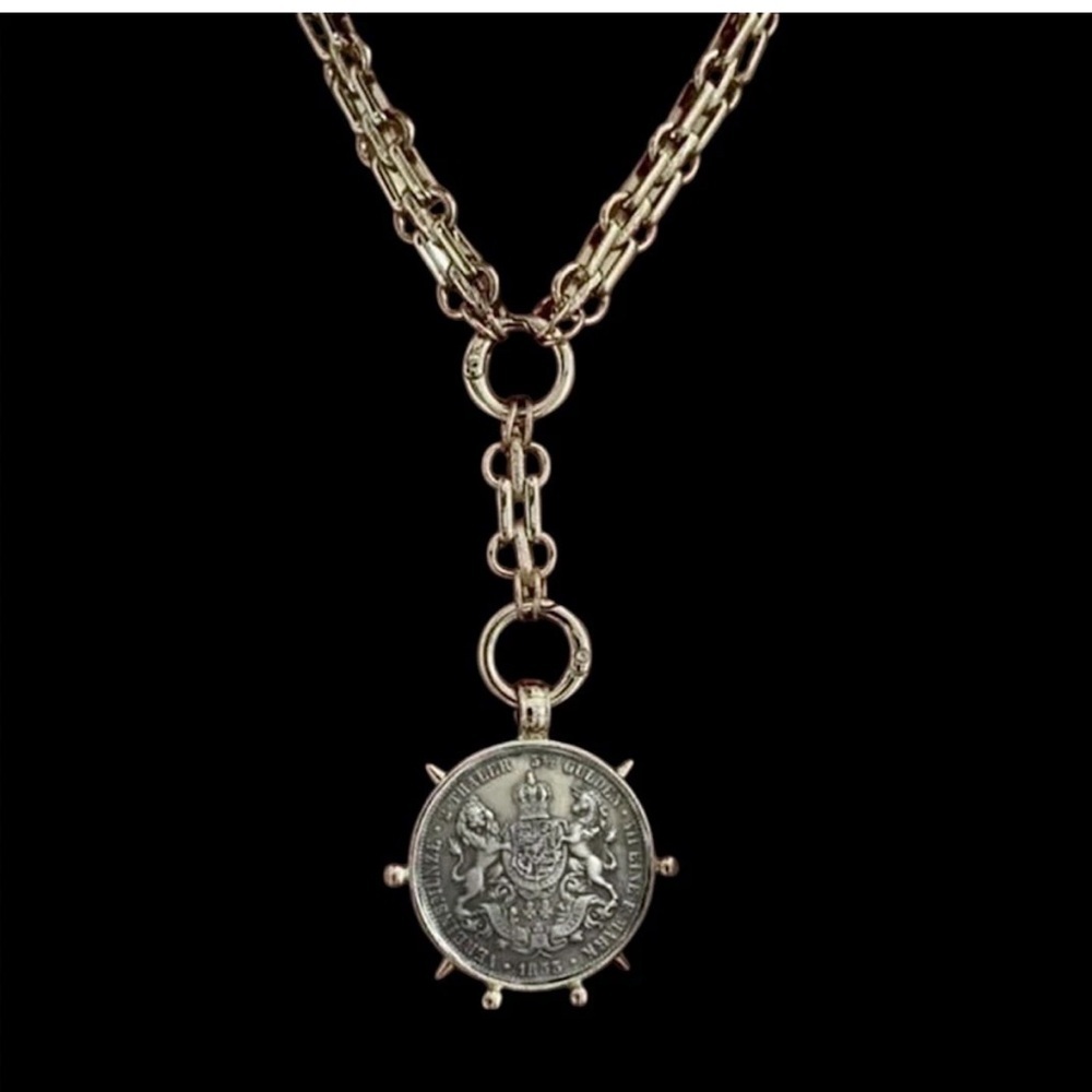 Gold Plated Vintage Coin Necklace – Statement Medallion Y Lariat Lion - Picture 3 of 4
